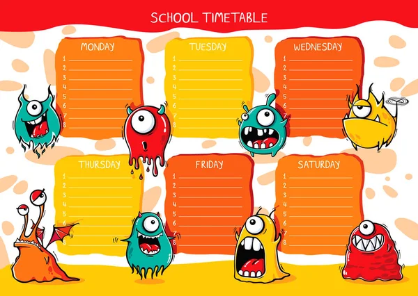 School Timetable Funny Monsters Different Emotions — Stock Vector