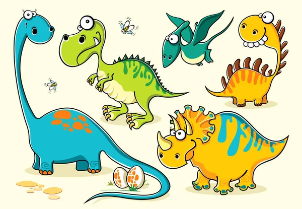 Conjunto Dinosaurios Dibujos Animados Divertidos Aislados — Vector de stock