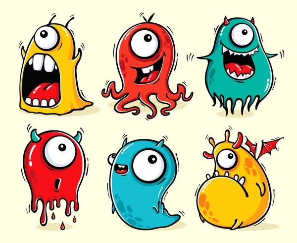 Conjunto Monstruos Dibujos Animados Divertidos Aislados Con Diferentes Emociones — Vector de stock