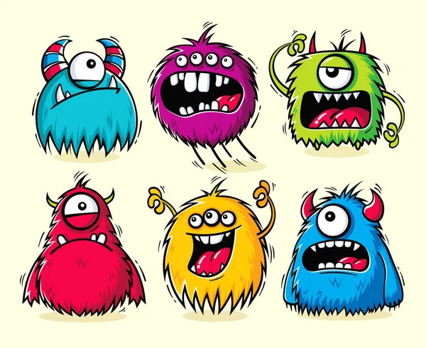 Conjunto Monstruos Peludos Dibujos Animados Divertidos Aislados Con Diferentes Emociones — Vector de stock