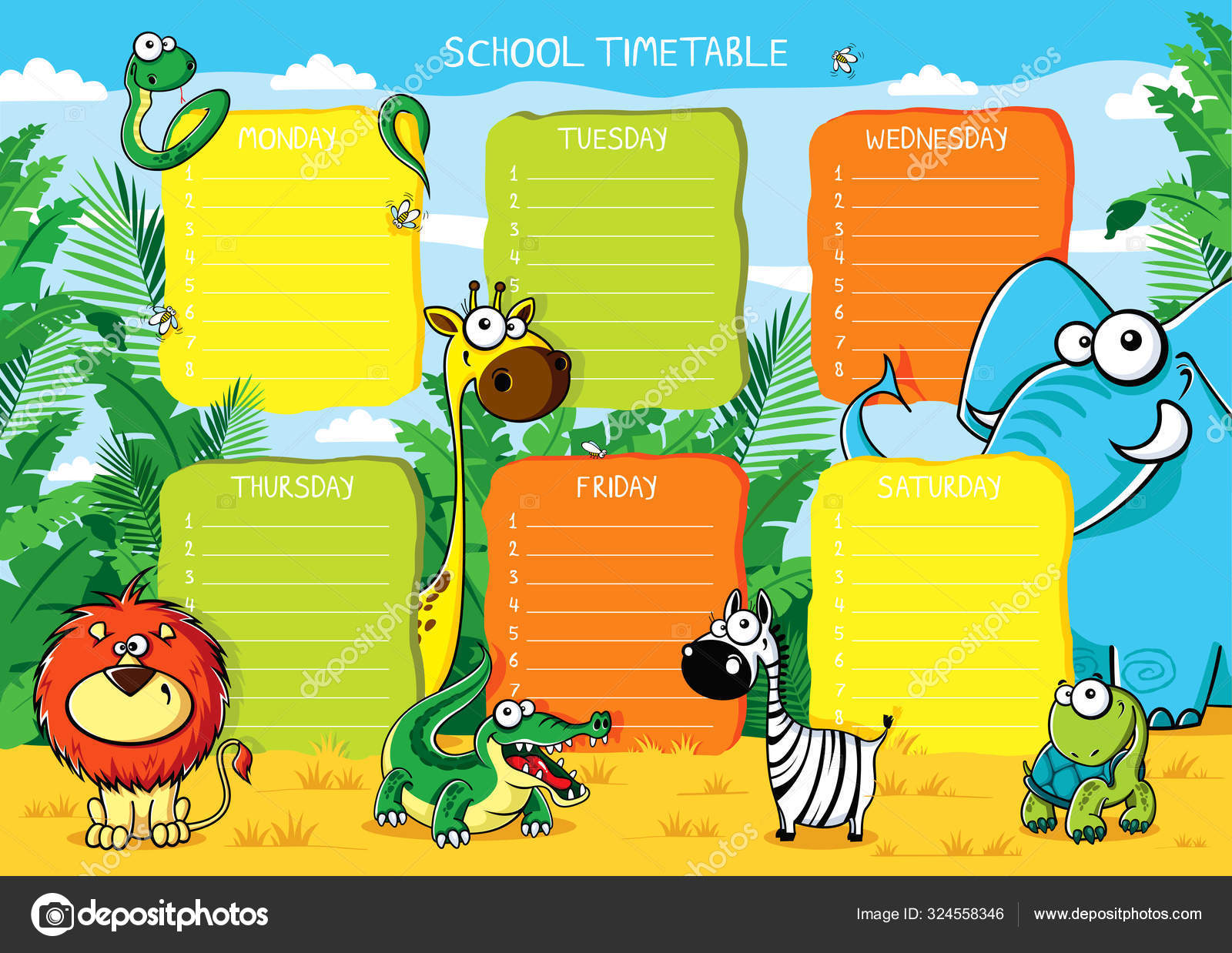 Jadwal Sekolah Dengan Binatang  Lucu  Dari  Afrika  Stok 