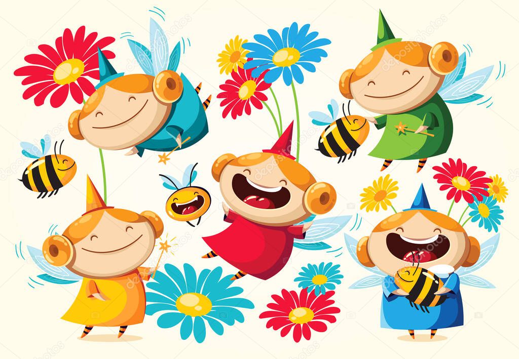 Vector set of funny cartoon colorful fairies, flowers and funny bee