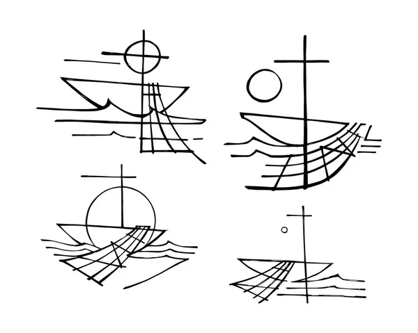 Row boat, nets and Cross — Stock Vector