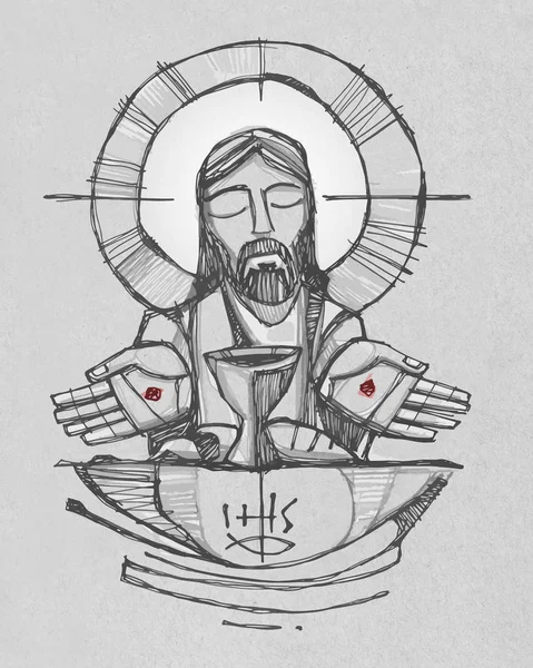 Иисус Христос с вином, хлебом и открытыми руками иллюстрации — стоковое фото
