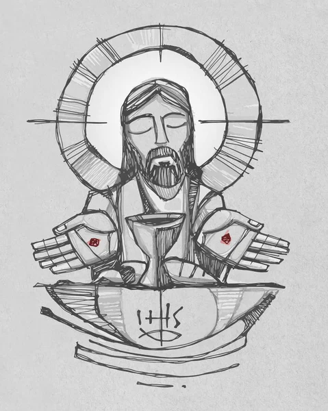 Jesus Christ with wine, bread and open hands illustration