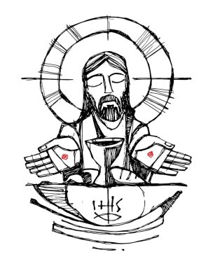 Jesus Christ with wine, bread and open hands illustration