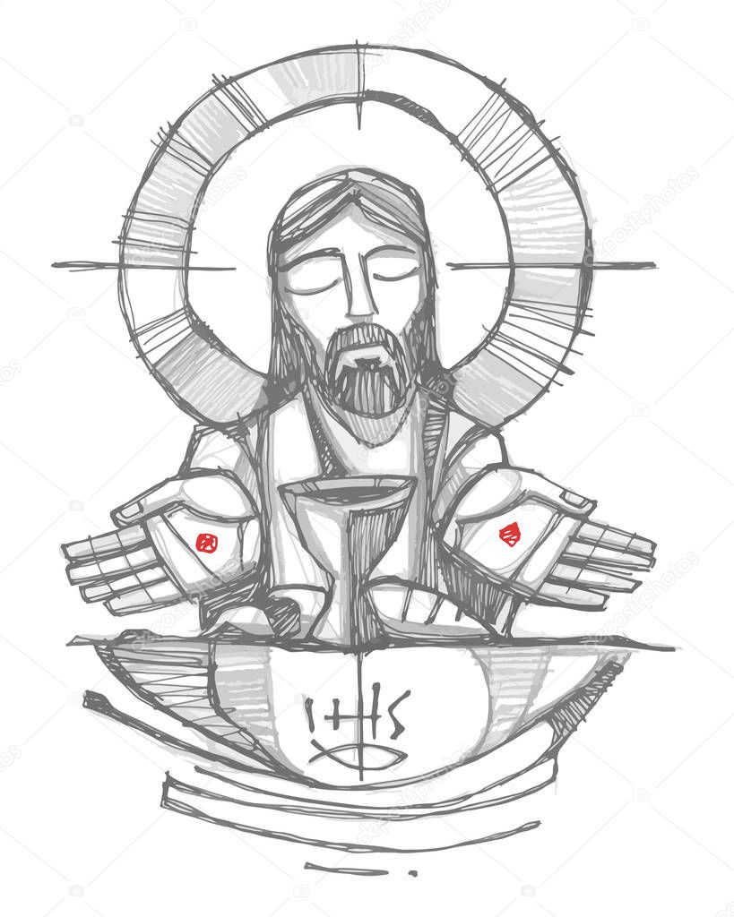 Jesus Christ with wine, bread and open hands illustration