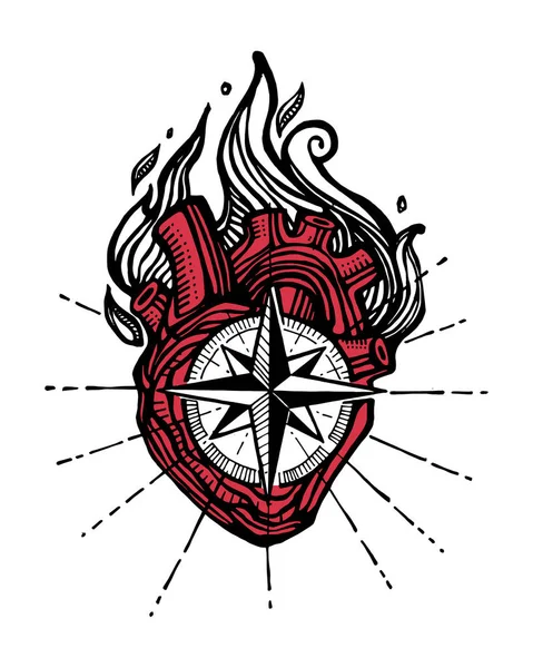 Human heart with compass and fire — Stock Vector