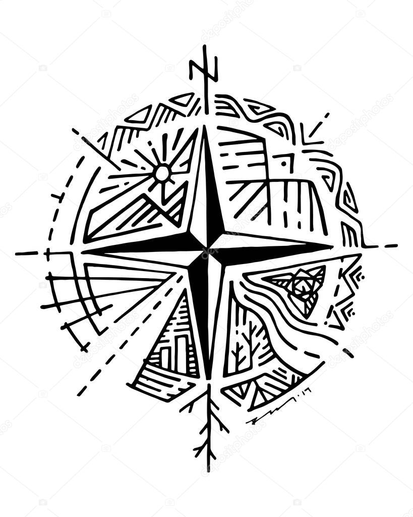 Hand drawn compass and symbols 