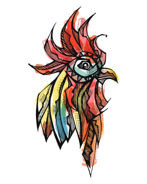 Gambar tinta kepala ayam jantan - Stok Vektor