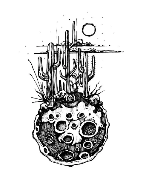 Luna con illustrazione di cactus — Vettoriale Stock