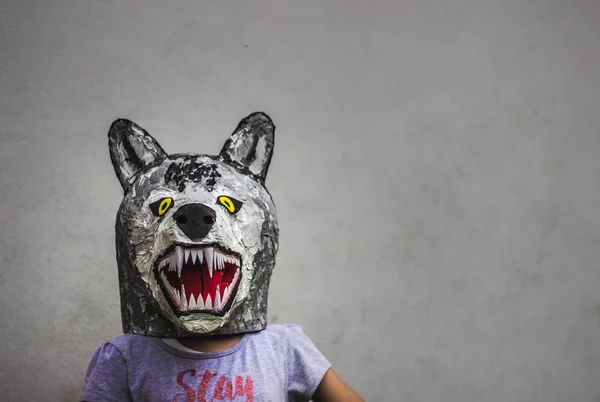 Kid met karton wolf masker — Stockfoto