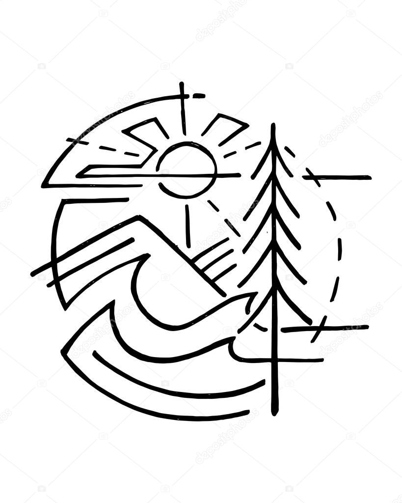 Hand drawn vector illustration or drawing of forest symbol with a pine, mountain, water and sun