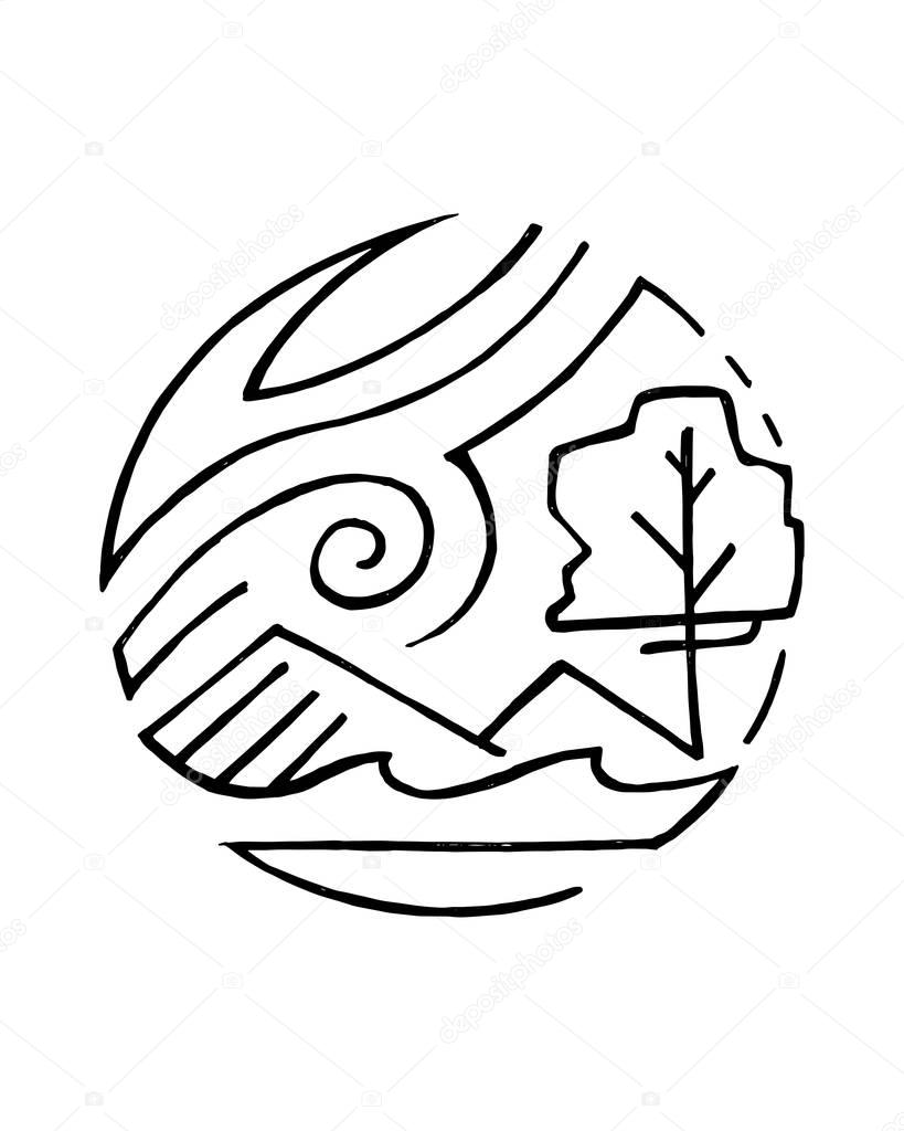 nature symbol with tree, mountains and water