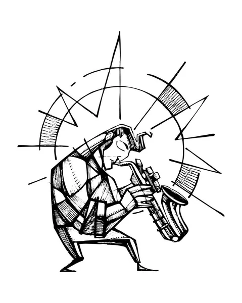 Saxofonist hand getekende illustratie — Stockvector