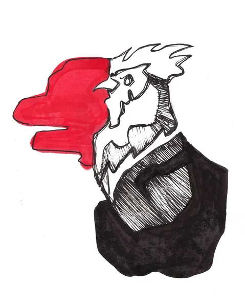 Голова півня в червоному і чорному чорнилі — стокове фото