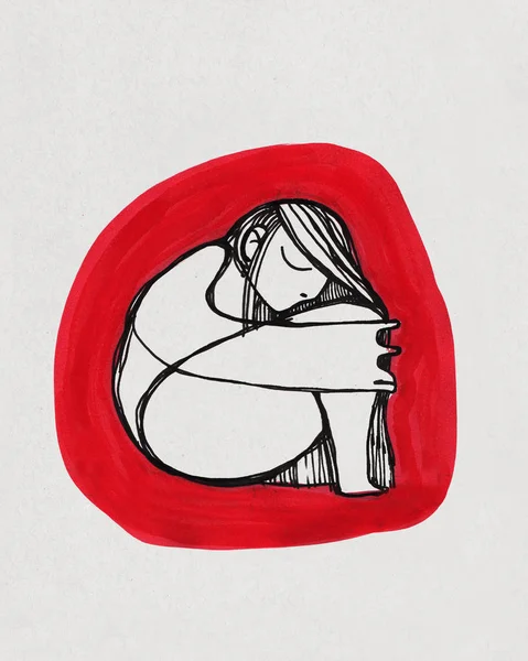 Meztelen nő, a magzati pozíció szabadkézi rajz — Stock Fotó