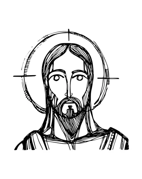 Main dessinée Jésus Christ Visage — Image vectorielle