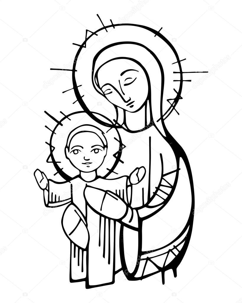 Hand drawn Virgin Mary and Jesus Christ 