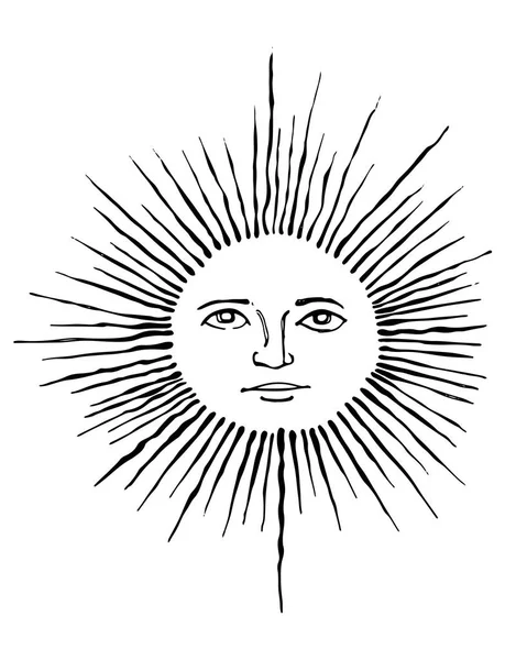 Desenho Mão Preto Branco Ilustração Vetorial Desenho Sol Com Rosto — Vetor de Stock