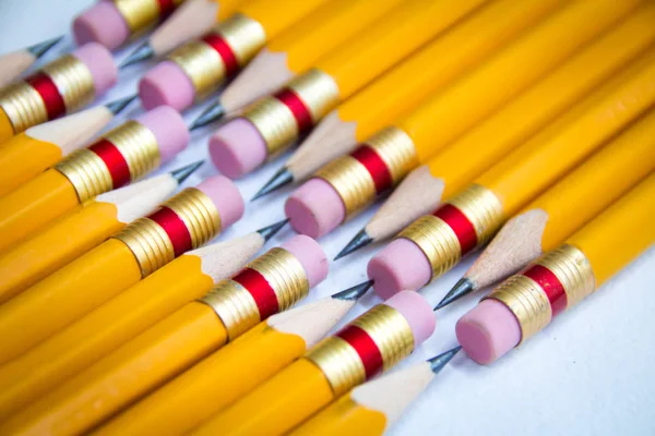 Closeup Detailed Photo Wooden Yellow Pencils White Background Stock Picture
