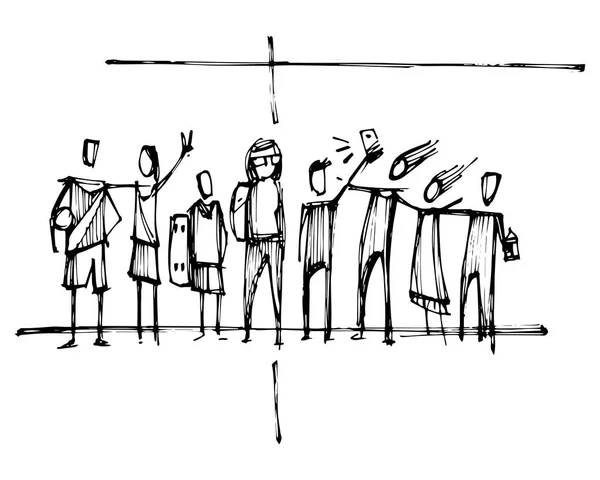 手描きのベクトル図や若い人々 のシルエットと宗教クリスチャン クロスの図面 — ストックベクタ