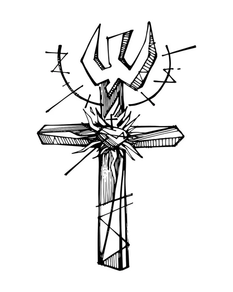 Mão Desenhada Preto Branco Vetor Ilustração Religioso Cruz Símbolo —  Vetores de Stock