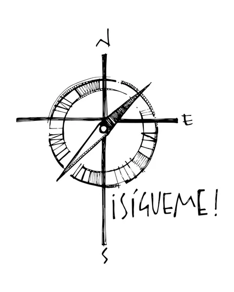 手画矢量图解宗教基督教十字架与指南针和词西班牙语那意味 跟随我 — 图库矢量图片