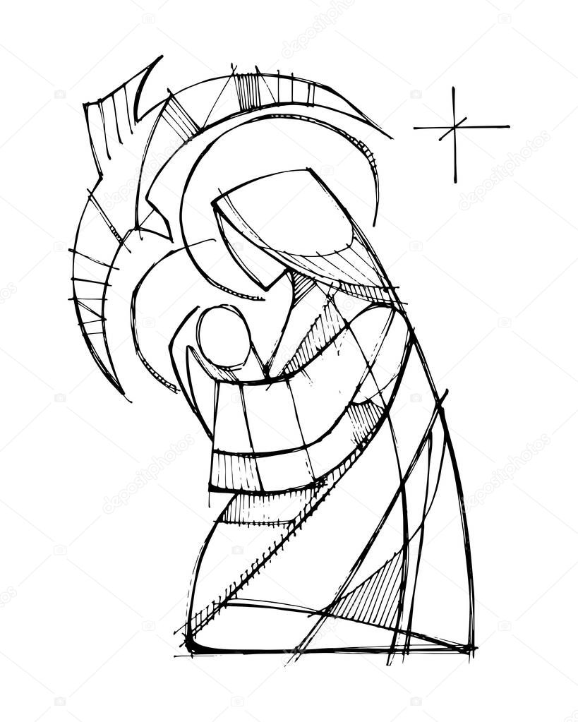 Hand drawn vector illustration of Virgin Mary with Baby Jesus and Holy Spirit