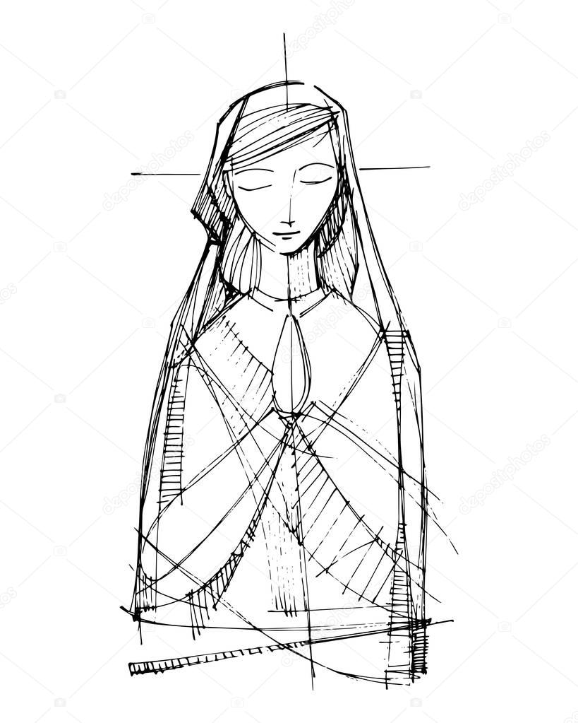 Hand drawn black and white vector illustration of Virgin Mary praying 