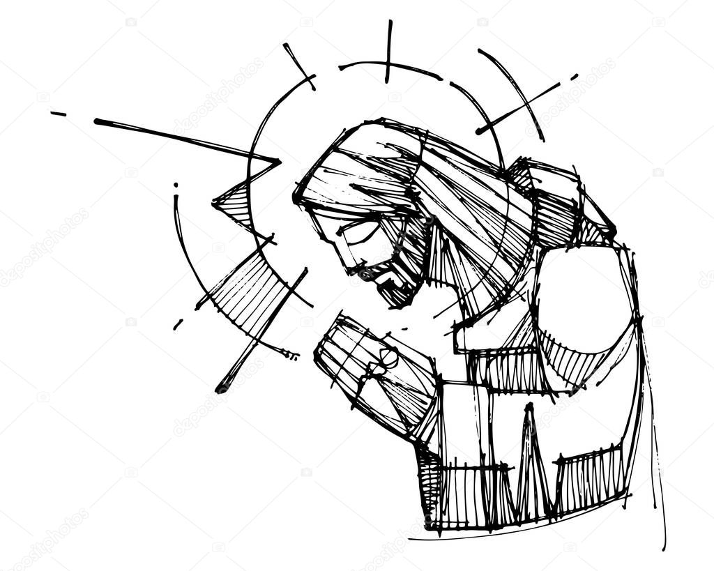 Jesus Christ praying ink illustration