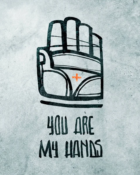 Hand drawn vector ink illustration of Jesus Christ Hand symbol and phrase: You are my Hands