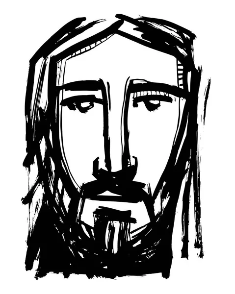 Hand Getekend Inkt Vectorillustratie Van Jezus Christus Gezicht — Stockvector
