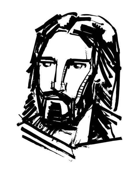 Ilustrasi Tinta Vektor Tangan Dari Yesus Kristus Wajah - Stok Vektor