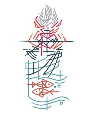 Dini Hıristiyan sembolleri çizilmiş vektör çizim el