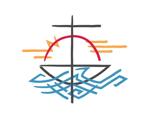 Mână Desenată Ilustrație Vectorială Crucii Religioase Barcii Simbolului Mării — Vector de stoc