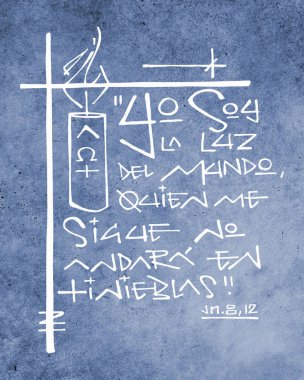 Elle çizilmiş vektör çizim veya çizim anlamına gelir İspanyolca dini bir cümlenin: Ben kim beni takip ediyor, karanlıkta yürümek dünyanın ışığıyım