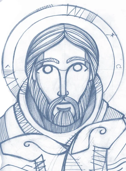 Hand drawn pencil illustration or drawing of Jesus Christ Good Shepherd