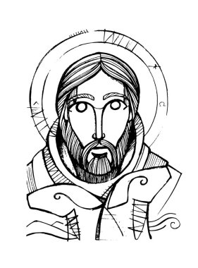 Elle çizilmiş kalem çizim veya İsa Mesih'in Good Shepherd çizimi