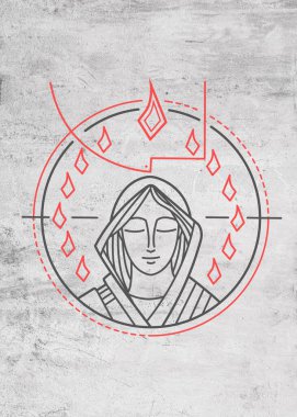 Hand drawn illustration or drawing of Virgin Mary and Holy Spirit at Pentecost