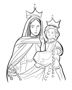 Hand drawn vector illustration or drawing of Our Lady of the Rosary Virgin Mary