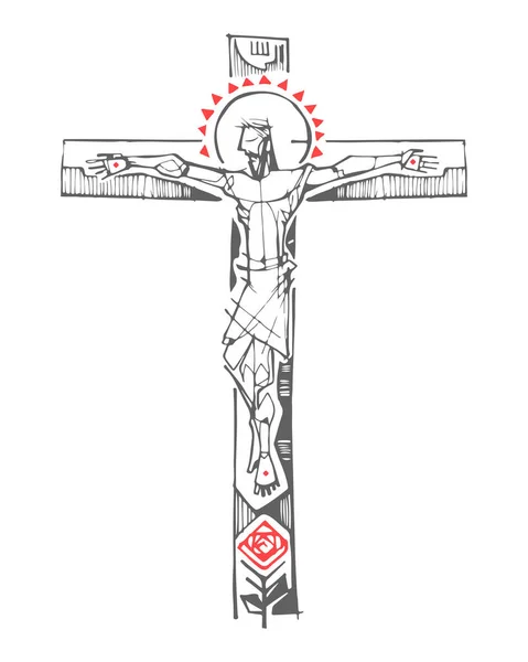 Illustration Vectorielle Dessinée Main Dessin Jésus Christ Croix — Image vectorielle