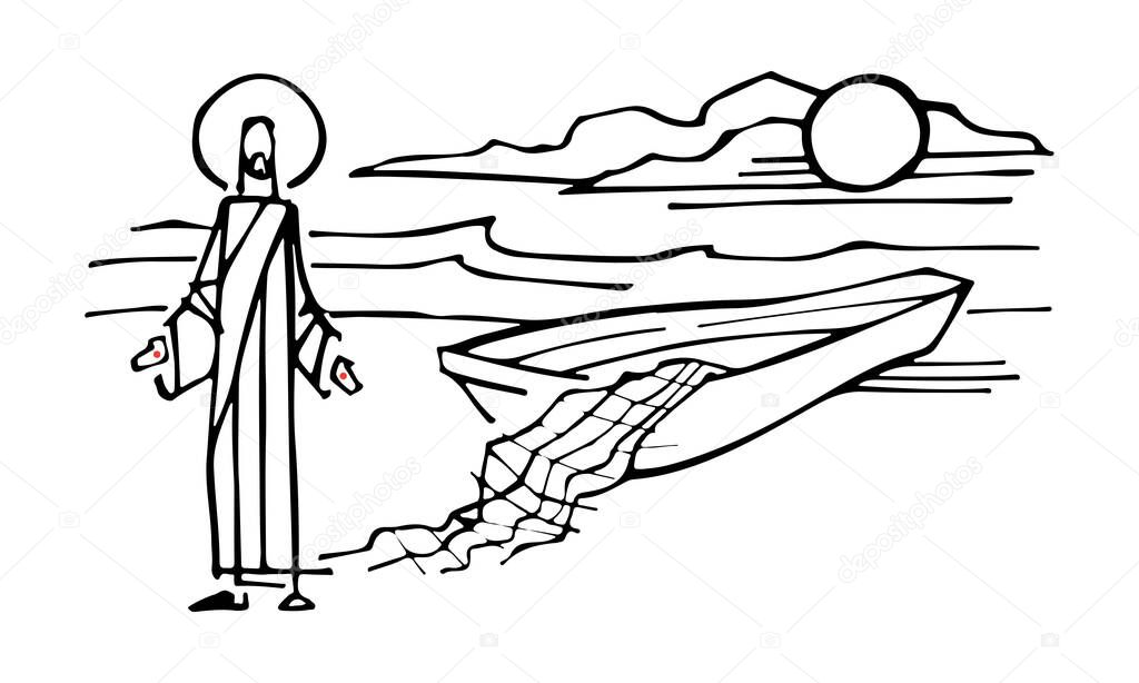Hand drawn vector illustration or drawing of Jesus Christ with boat and fishing nets