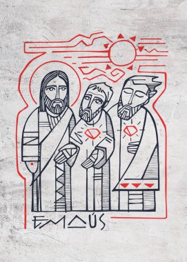 Emaus 'ta İsa Mesih' in iki havarisiyle el çizimi tasviri ya da tasviri