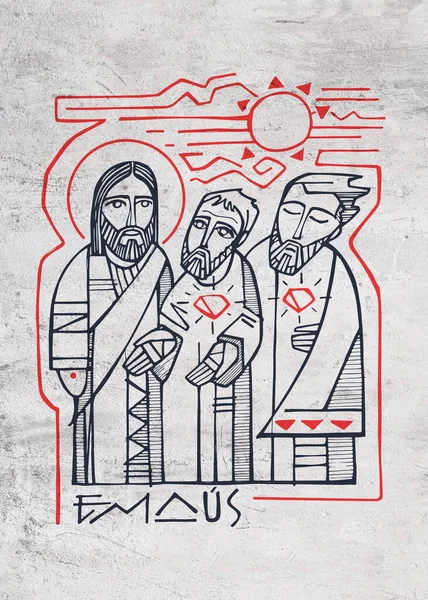 Hand drawn vector illustration or drawing of Jesus Christ with two disciples at Emaus