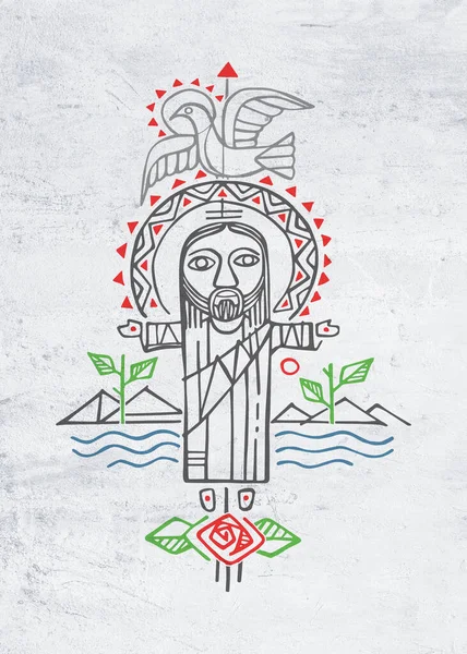Hand drawn illustration or drawing of Jesus Christ with open arms and symbols