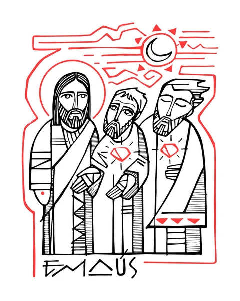 Håndtegnet Vektorillustrasjon Eller Tegning Jesus Kristus Med Disipler Emaus – stockvektor