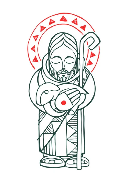デジタルベクトル図または羊とイエス キリストの良い羊飼いの図面 — ストックベクタ