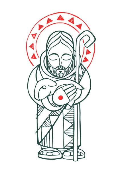 Ilustración Vectorial Digital Dibujo Jesucristo Buen Pastor Con Ovejas — Vector de stock