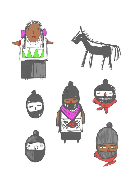 一些墨西哥Zapatists土著人物的数字手绘矢量插图或绘图 — 图库矢量图片